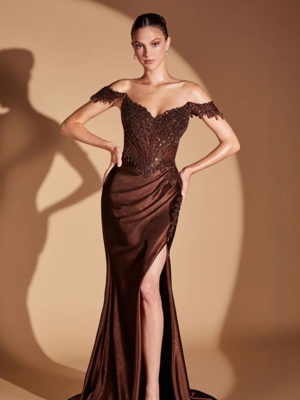 New Espresso Off Shoulder Prom Sheath Satin Dress w/ Floral Embroidery CD CC456